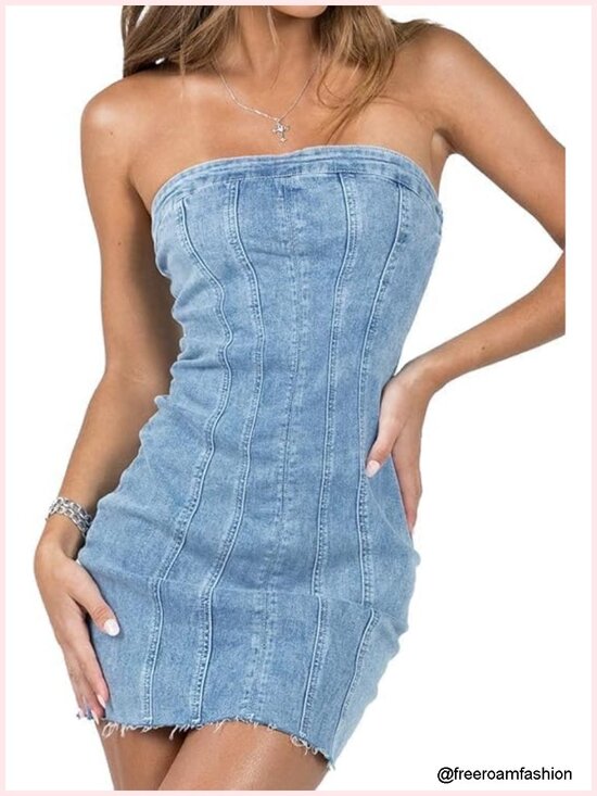 Dresses & Skirts - Strapless Denim Corset Tube Bodycon Mini Dress Y2K Clubwear